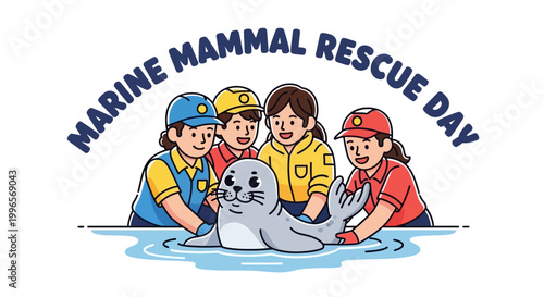 A heartwarming vector illustration depicts Marine Mammal Rescue Day, showcasing a dedicated ocean rescue team gently caring for a rescued seal in a shallow pool against a clean white