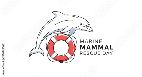 Minimalist vector illustration for Marine Mammal Rescue Day featuring a dolphin playfully leaping over a red and white life preserver against a clean white background, promoting ocean