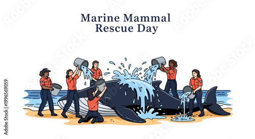 On Marine Mammal Rescue Day, a team of volunteers help a beached whale by pouring water on it in an ocean animal rescue operation with a vector illustration style against a bright
