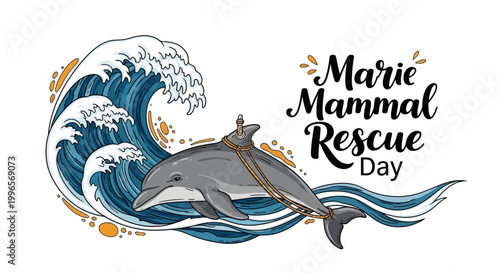 An illustration promoting Marine Mammal Rescue Day features a dolphin entangled in a rope, set against a backdrop of stylized ocean waves, conveying the importance of ocean conservation
