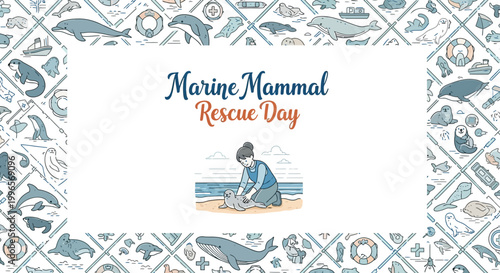 Stylized vector illustration promoting Marine Mammal Rescue Day, featuring a rescuer tending to a seal on a beach with the text centered, framed by ocean-themed icons against a white