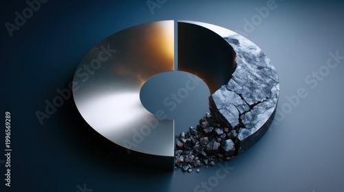 A metallic circular object partially broken into chunks with a reflective surface, placed on a dark background.