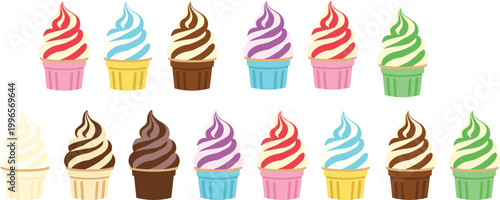 Colorful soft serve ice cream vector illustration set with different flavors in cups, sweet dessert collection isolated on white background