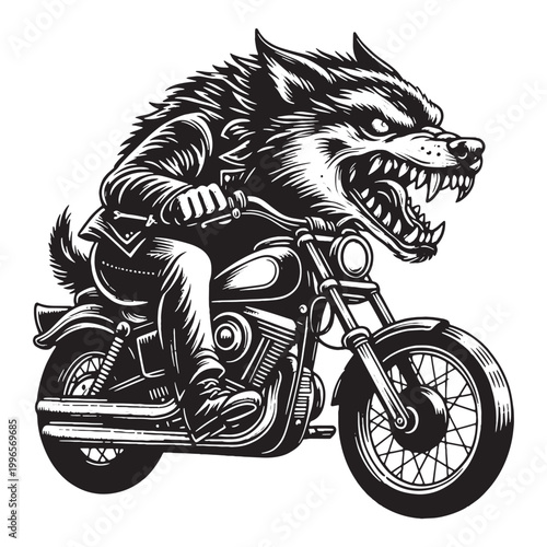Ferocious werewolf biker riding vintage motorcycle in aggressive pose.