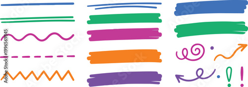 Colorful Marker Strokes Set with Hand Drawn Lines Arrows and Highlighter Brushes