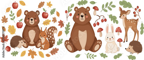 Cute woodland animals vector illustration set with bear, deer, bunny, squirrel and hedgehog, autumn forest characters with leaves and berries isolated on white background