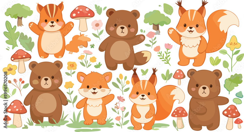 Fototapeta premium Cute woodland animals vector illustration set with bears, foxes and squirrels, forest characters with flowers and mushrooms isolated on white background