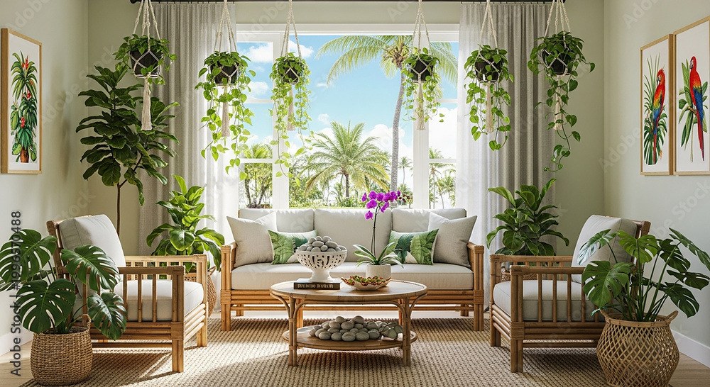 Fototapeta premium Bright living room with tropical plants and large windows natural light green leaves