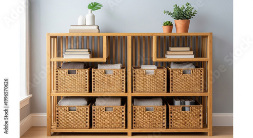 Wooden bookshelf with wicker baskets and potted plants on gray wall