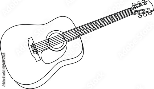 Acoustic guitar outline illustration featuring string musical instrument with wooden body frets and classic music performance concept vector design