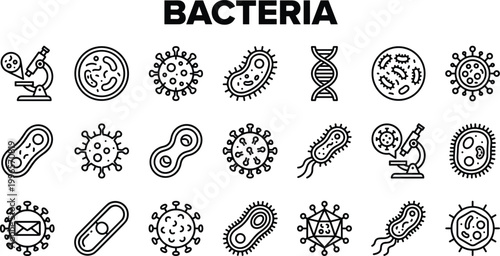 Bacteria microorganism icon set featuring microbes cells germs viruses and microbiology research elements outline vector collection