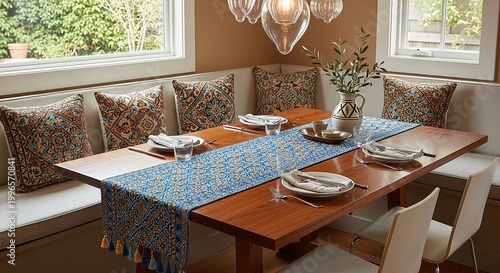 Wooden dining table with blue patterned runner and white chairs in cozy dining area