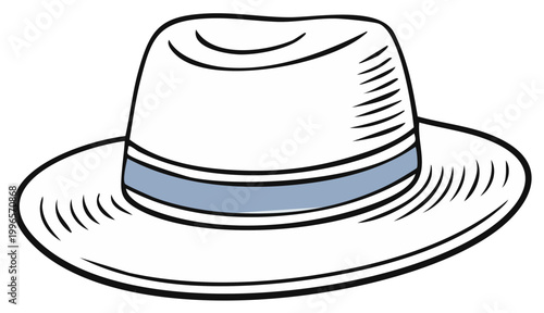 Illustrated drawing of a stylish white fedora hat with a light blue band