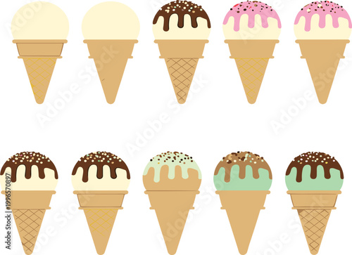 Ice cream cones vector illustration set with different flavors and chocolate toppings, sweet dessert collection isolated on white background