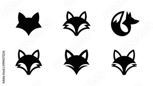 Collection of black fox and star icons in minimalist vector style Vector
