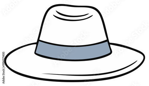 Simple cartoon illustration of a white fedora hat with a grey band and black outline on a plain background