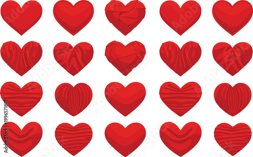 Red heart icons set glossy and textured love symbols collection romantic valentine design vector illustration isolated