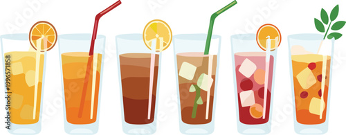 Refreshing cold drinks vector illustration set with iced beverages, fruit juices and cocktails in glasses, summer beverage collection isolated on white background