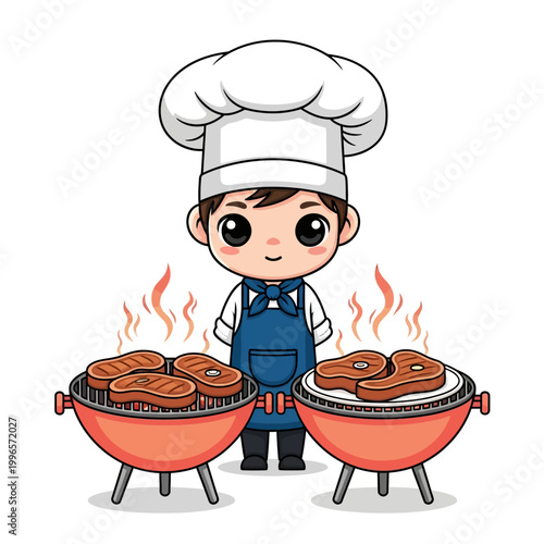 Chibi style flat vector illustration of a young male chef in a white toque and blue apron cooking beef steaks on two red charcoal grills with orange flames on a white background.