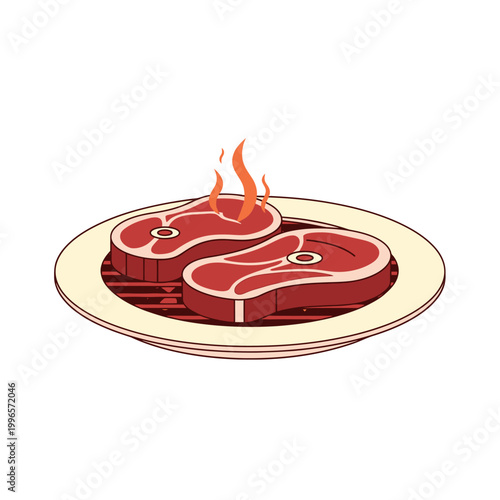 Minimalist 2D vector illustration of two raw steaks with bone cross-sections being grilled on a round hot plate with visible heat lines and small orange flames on a white background.