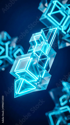 Glowing blue neon 3d geometric shapes floating in dark space with futuristic abstract design elements and shiny reflective surfaces