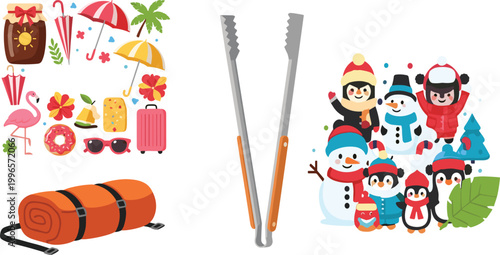 Seasonal travel and winter holiday vector illustration set with summer icons, camping gear and snow characters collection isolated on white background