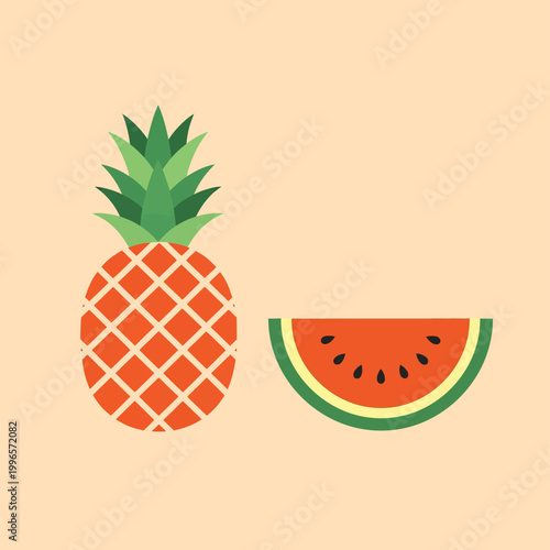 Minimalist geometric illustration of a whole stylized pineapple with a green crown and a sliced watermelon wedge featuring red flesh and black seeds on a light pastel orange background.
