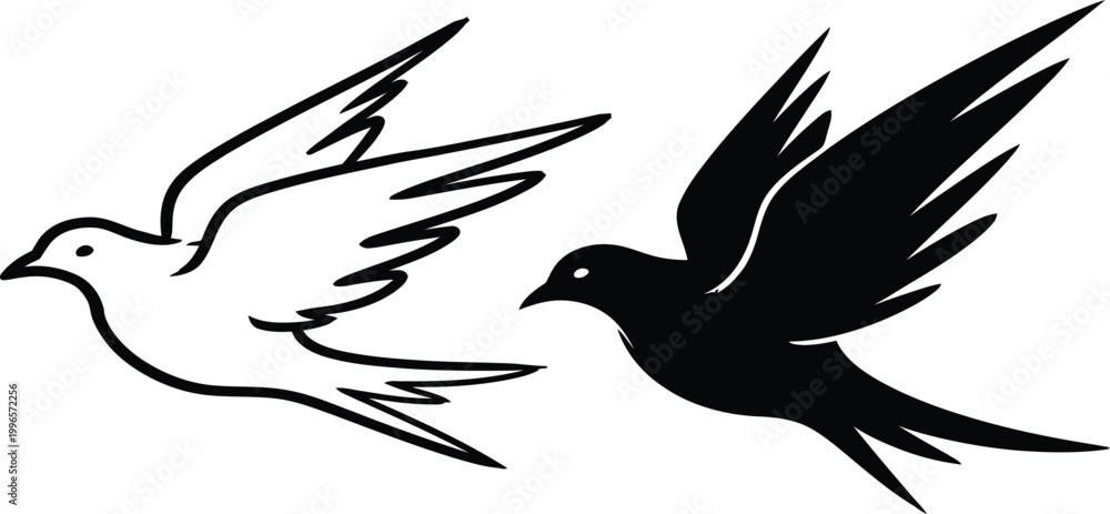Obraz premium Dynamic duo of birds in flight a black and white contrast of avian grace