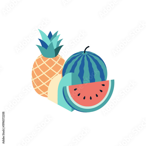 2D flat vector illustration of tropical fruits featuring a stylized pineapple with teal leaves and a whole striped watermelon next to a sliced wedge showing red pulp and seeds.