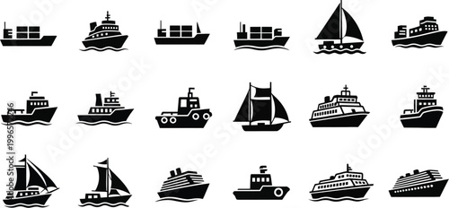 Collection of silhouetted ships and boats a nautical vector illustration for maritime themes