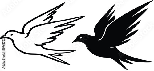Dynamic duo of birds in flight a black and white contrast of avian grace