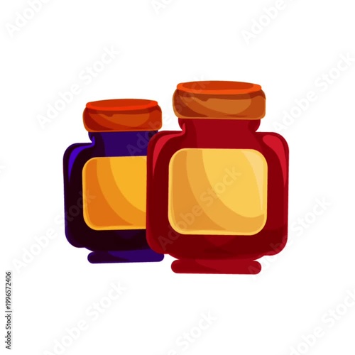 Two small glass jars with orange lids animation on white background