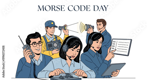 A vector illustration depicts Morse Code Day, showcasing a team using vintage communication technology, including a telegraph machine and radios, set against a clean white background