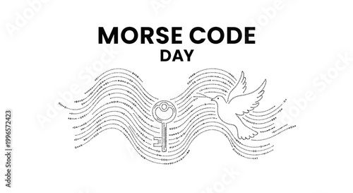Morse code day vector illustration showcases a coded message with dot dash signals forming wavy lines, featuring a vintage key and a dove, all set against a clean white background