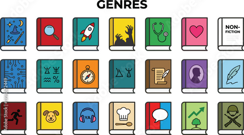 Book genres icon set featuring literature categories fiction science history romance education and themed reading collection colorful vector design