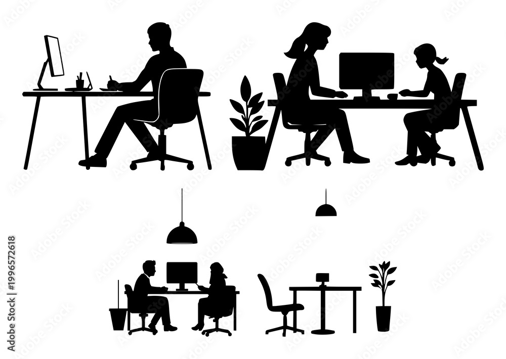 Fototapeta premium Co-working space icon set with solid black silhouette on white background featuring co-working, office, workspace, meeting with business and collaboration, design