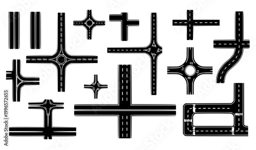 Top view city road and highway vector set with street intersections curves and map elements flat cartoon collection