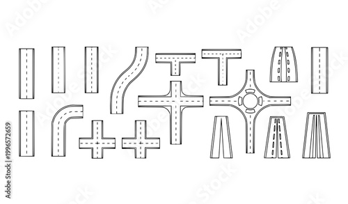 Minimal top view road outline icons with street intersections highways and map navigation elements vector set