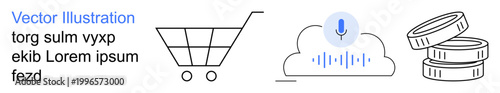 E-commerce, online shopping, digital payments, cloud technology, voice recognition, retail management. A shopping cart, cloud with microphone icon and stack of coins. E-commerce and online shopping