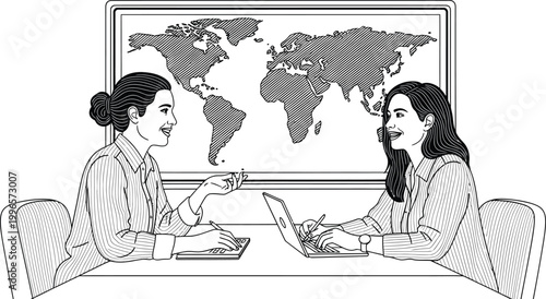 Business Women Meeting with World Map Background Line Art