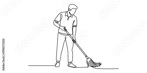 Man cleaning floor with a mop in a continuous line drawing style Vector, illustration