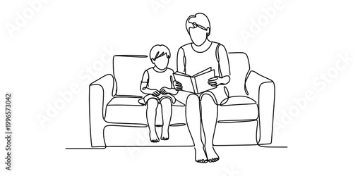 Continuous single line drawing of a mother reading a book to her small son sitting together on a comfortable sofa in the living room Vector, illustration