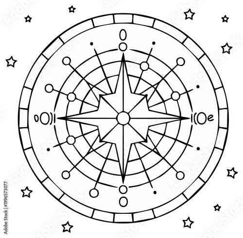 Illustration of compass rose and stars in black and white