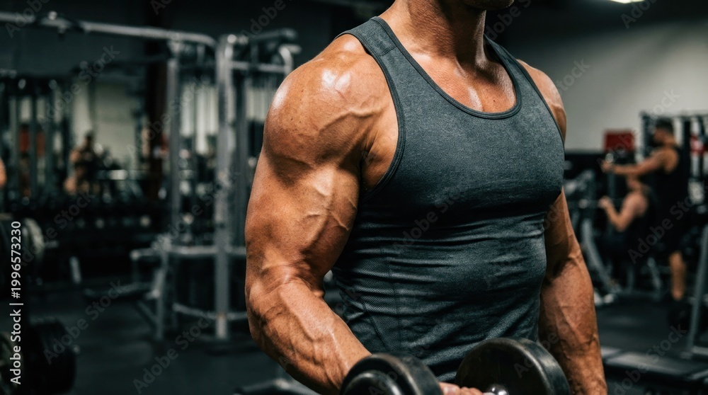 Fototapeta premium A muscular man lifting weights in a gym.