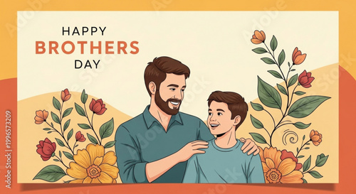 Father and son illustration in a warm floral frame for brothers day