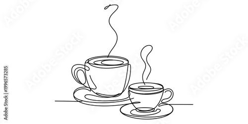 Continuous single line drawing of two hot coffee cups with steam Vector, illustration