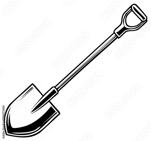 Illustration of a black and white shovel, gardening or digging tool.