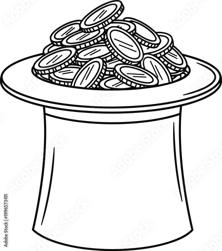 Cartoon coins pile in a top hat for financial luck concept