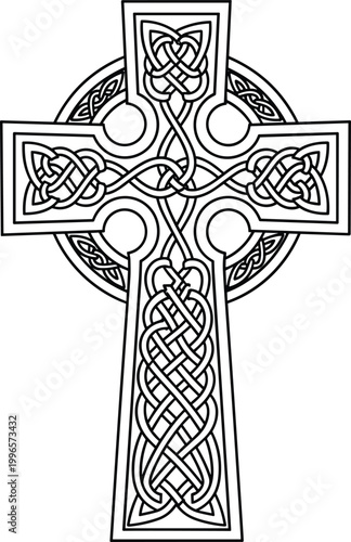 Celtic cross design with intricate knotwork patterns on white background