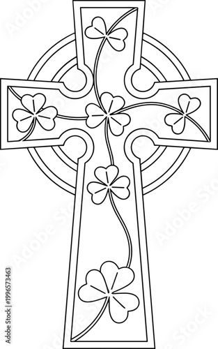 Celtic cross with shamrocks and knotwork design on white background